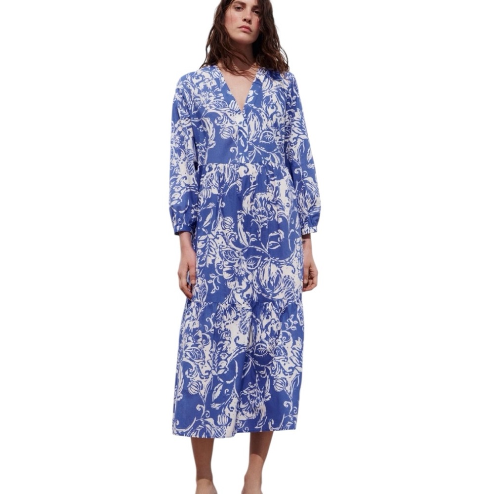 Zara Floral Boho Resort Tiered Midi Dress